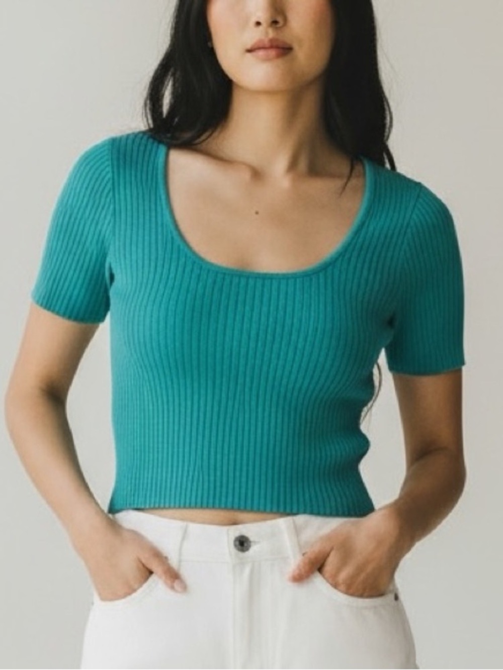 Madewell Teal Ribbed Scoop Neck Short Sleeve Top